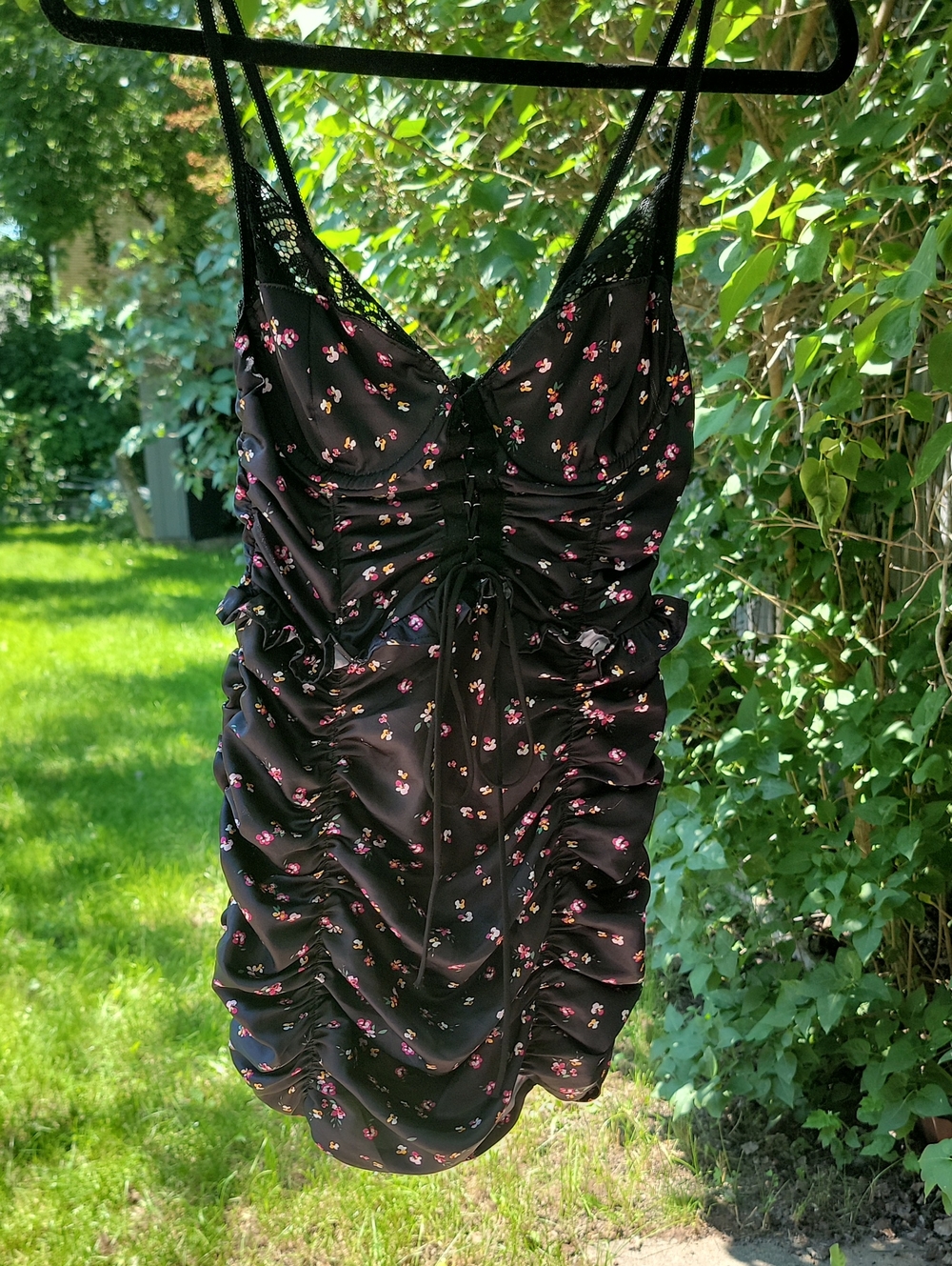 Black Floral Ruched Mini Dress | Size XS-S
